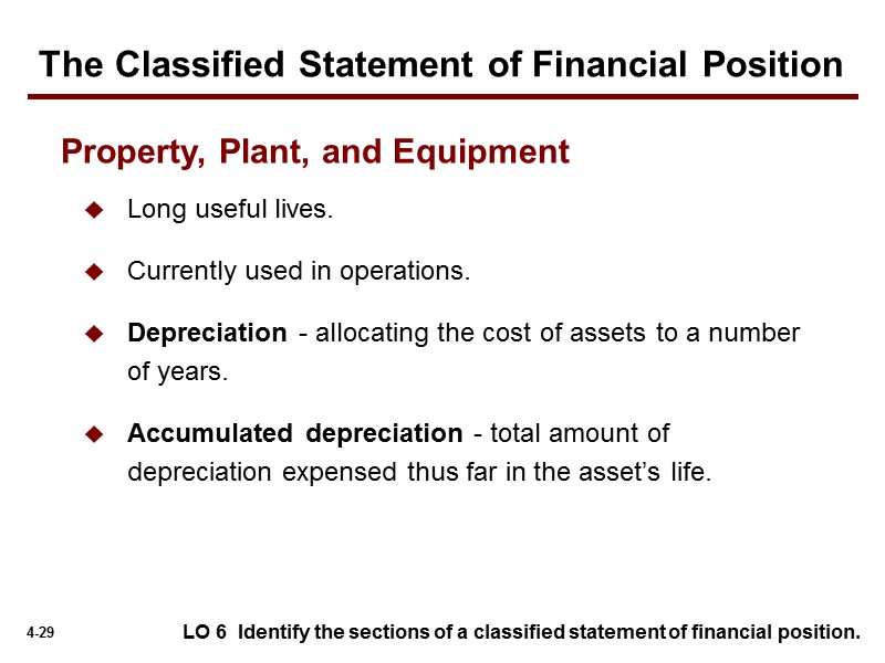 LO 6  Identify the sections of a classified statement of financial position. Long